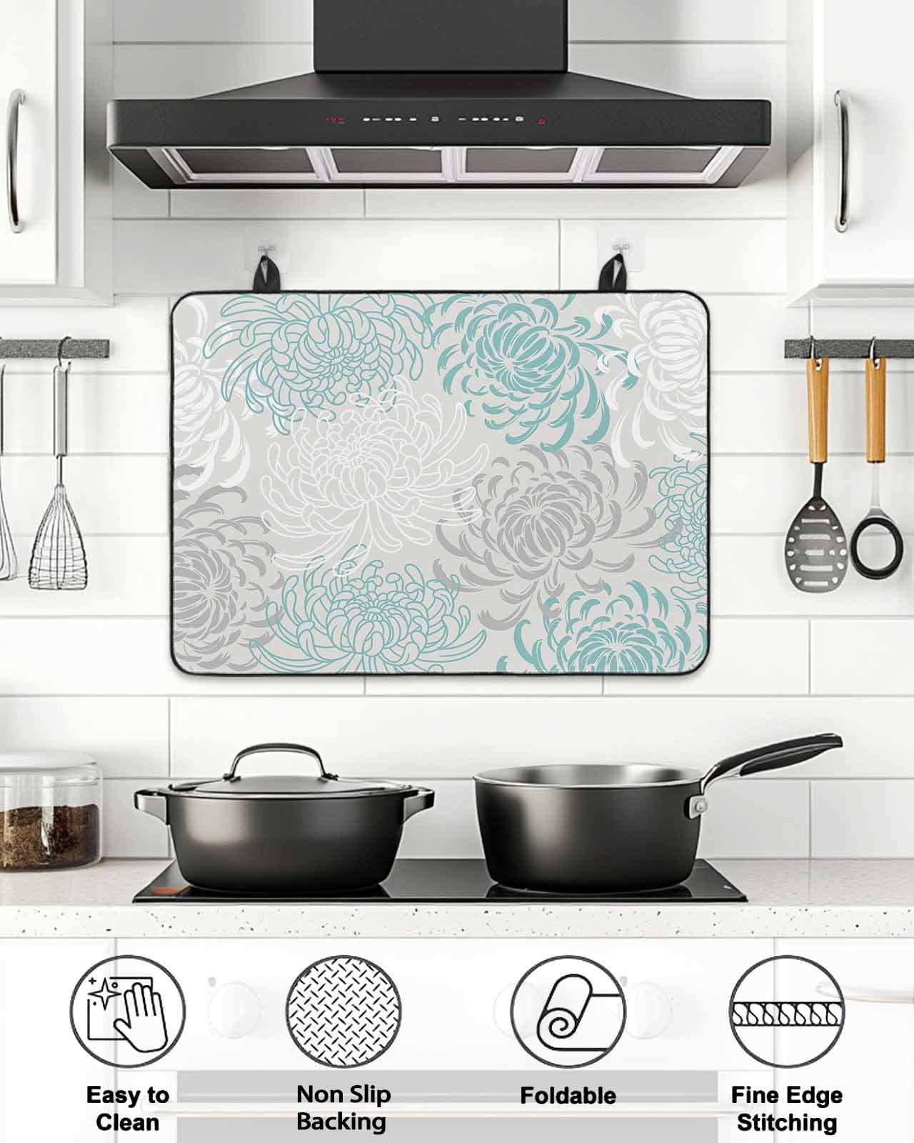 Stove Top Covers for Electric Stove, Aqua White Glass Stovetop Cover Protector, Abstract Grey Chrysanthemum Flower Floral Induction Cooktop Protector Oven Mat for Kitchen Countertop 28.5"x20.5"