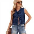 thumbnail image 3 of Camisetas Sin Mangas de Mezclilla con Lazo Frontal para Mujer, Camisetas Informales de Cuello Redondo Sin Mangas con Volantes para y Verano Azul Oscuro L, 3 of 10