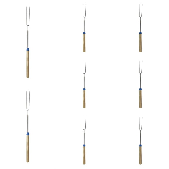 BBQ Roasting Fork for Open Fire Fireplace Outdoor, 32 Inch Telescoping Barbecue Hot Dog Forks with Stainless Steel Fork Head Wooden Handle for Marshmallow Toasting Blue(8PC)