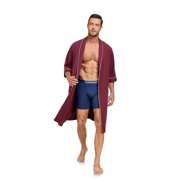 COLORFULLEAF Peignoirs pour Hommes 100 % Coton Doux Confort Respirant Manches Courtes Kimono d'Été Peignoir Léger pour Hommes, Bourgogne, Grand