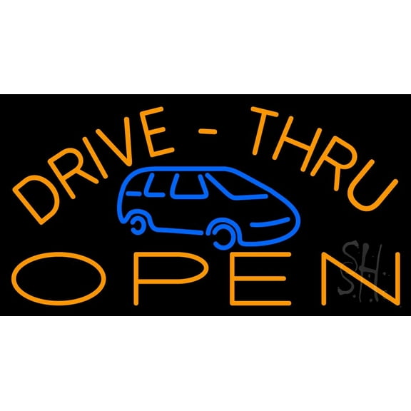 Drive Thru Open With Car LED Neon Sign 20 x 37 - inches, Black Square Cut Acrylic Backing, with Dimmer - Bright and Premium built indoor LED Neon Sign for restaurant window and interior decor.