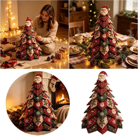 DIY Quilted Christmas Tree 3D Patchwork Craft Kit for Adults Fabric Layered Tree Making Set with Festive Top Accent for Holiday Mantel Tabletop Home Decor