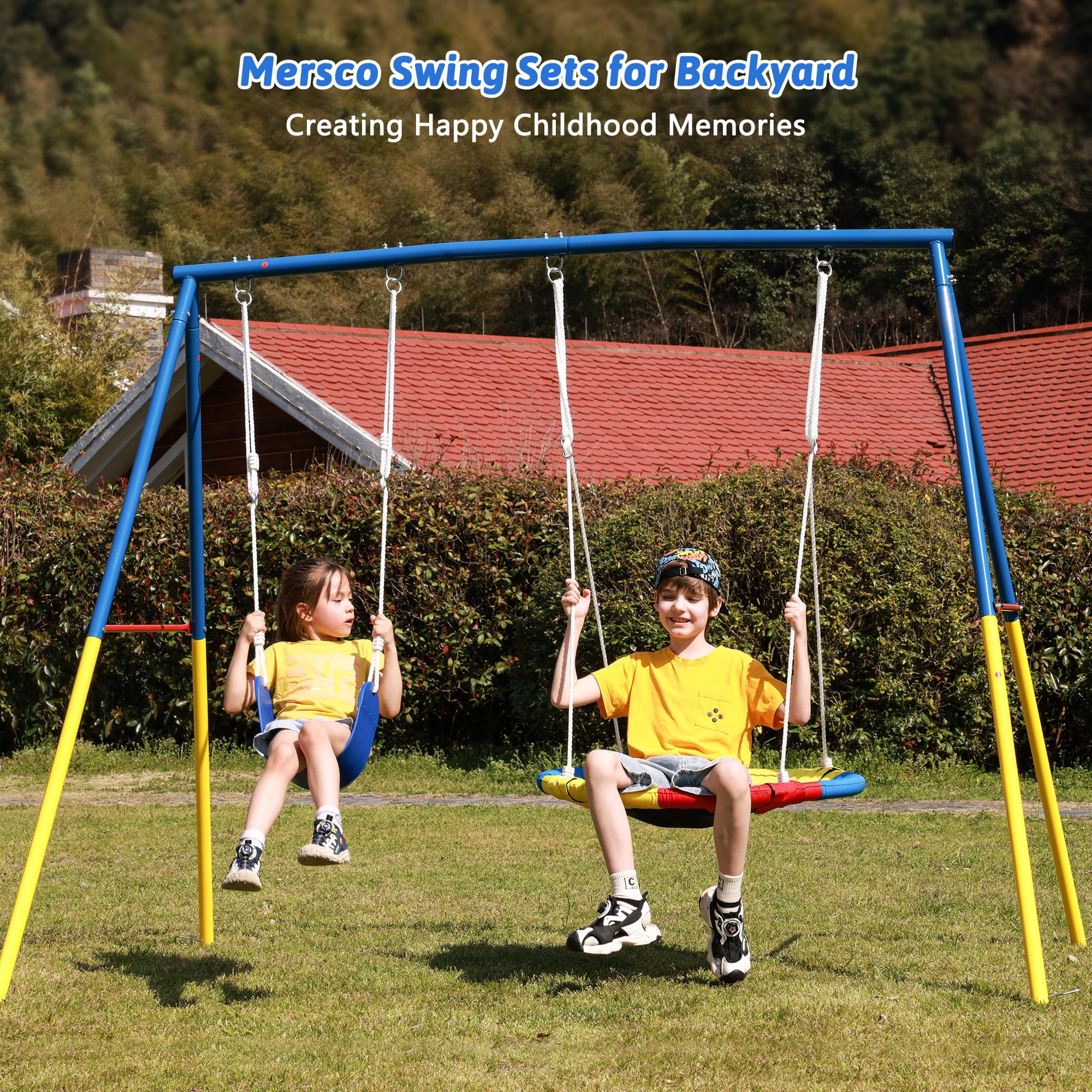 Mersco 2-in-1 Swing Set for Backyard with Stand, Swing Heavy Duty 440lbs Metal Outdoor Swing Stand, Contain 1 Saucer 32" and 1 Belt Seat 26.2" for Playground, Backyard Playset