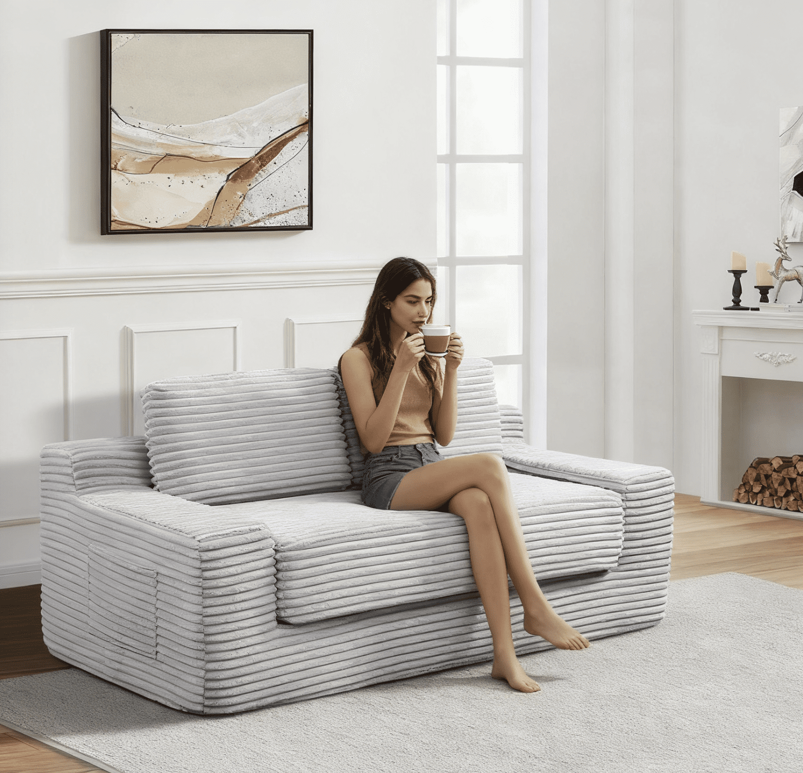 Corduroy Cloud Double Sofa, 2-in-1 Convertible Sofa Bed, Comfortable Boneless Double Sofa, Suitable for Living Room, Apartment, Small Space Grey