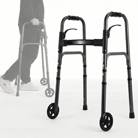 Naipo Compact Folding Walker for Seniors & Adults, Deluxe Lightweight Mobility Aids Walker with 5" Wheels and Trigger Release up to 300 lbs, Aluminium