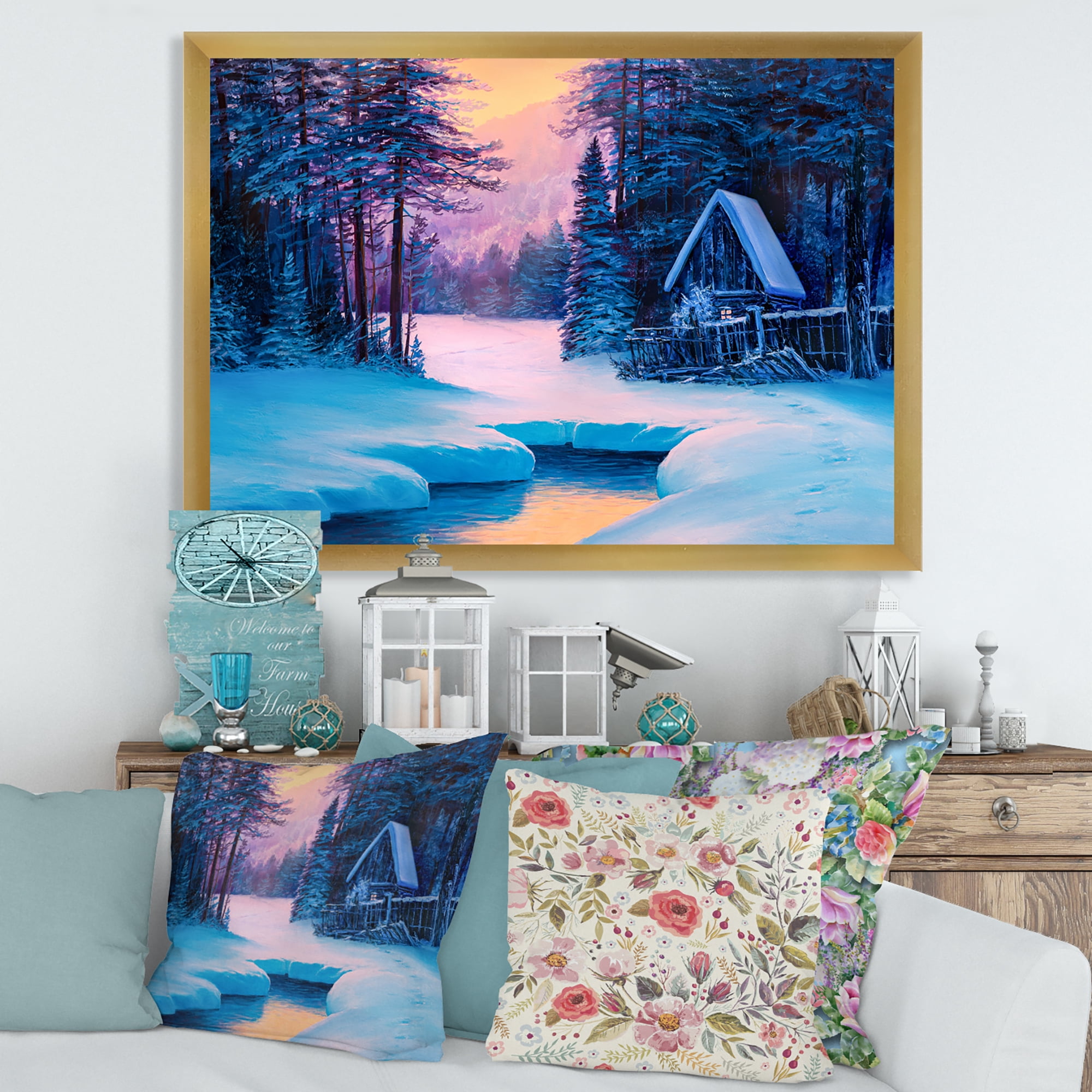 Designart 'The River House In The Woods and Winter Landscape II' Lake House Framed Art Print