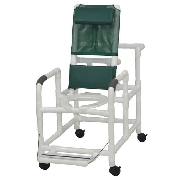 MJM International Reclining shower chair with deluxe elongated open front commode seat and folding footrest, 325 lbs weight capacity