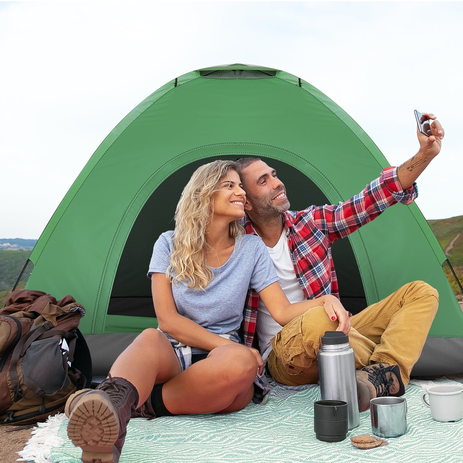 HUJHKIO 3-4 Person Lightweight Dome Tent for Camping & Hiking, Easy Setup Portable Green Tent with Waterproof Oxford Floor, Fiberglass Poles & Carry Bag, Ideal for Family Outdoor Adventures