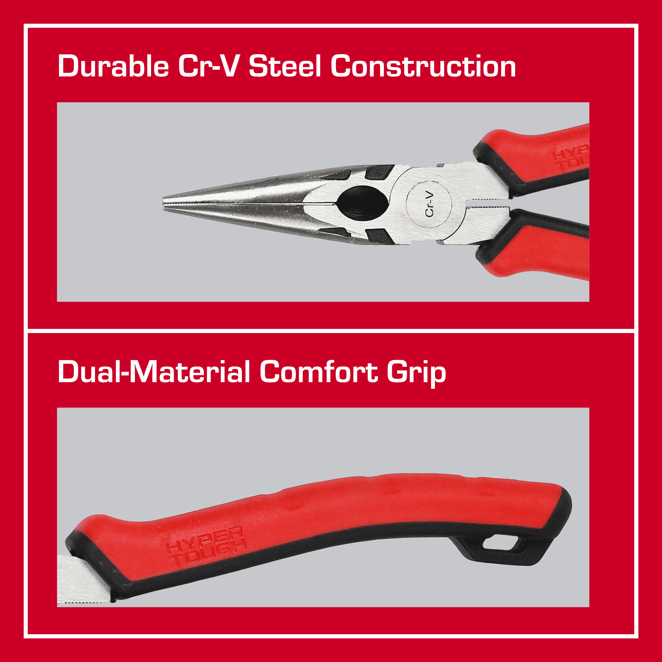Hyper Tough 8-inch Long-Nose Pliers with Dual Material Comfort Grips