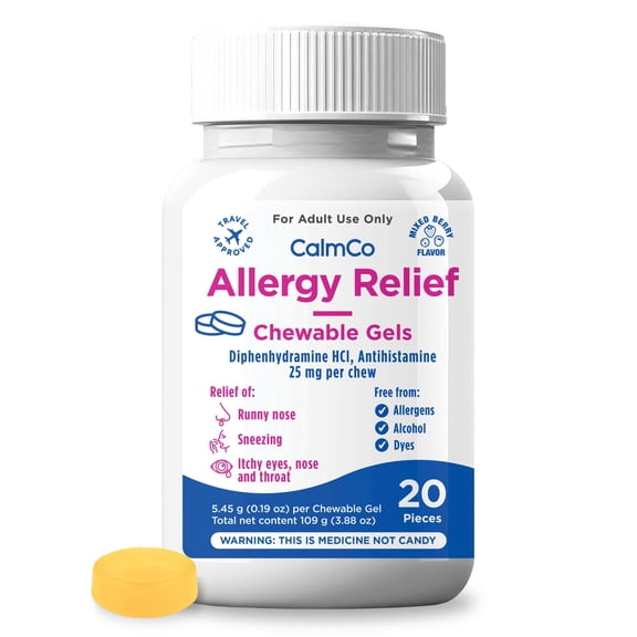 CalmCo Adult Allergy Relief Chewable Gels with Diphenhydramine - Chewable Antihistamine for Sneezing, Runny Nose & Itchy Eyes, Nighttime Allergy Medicine for Ages 12 , Mixed Berry Flavor, 20 Count