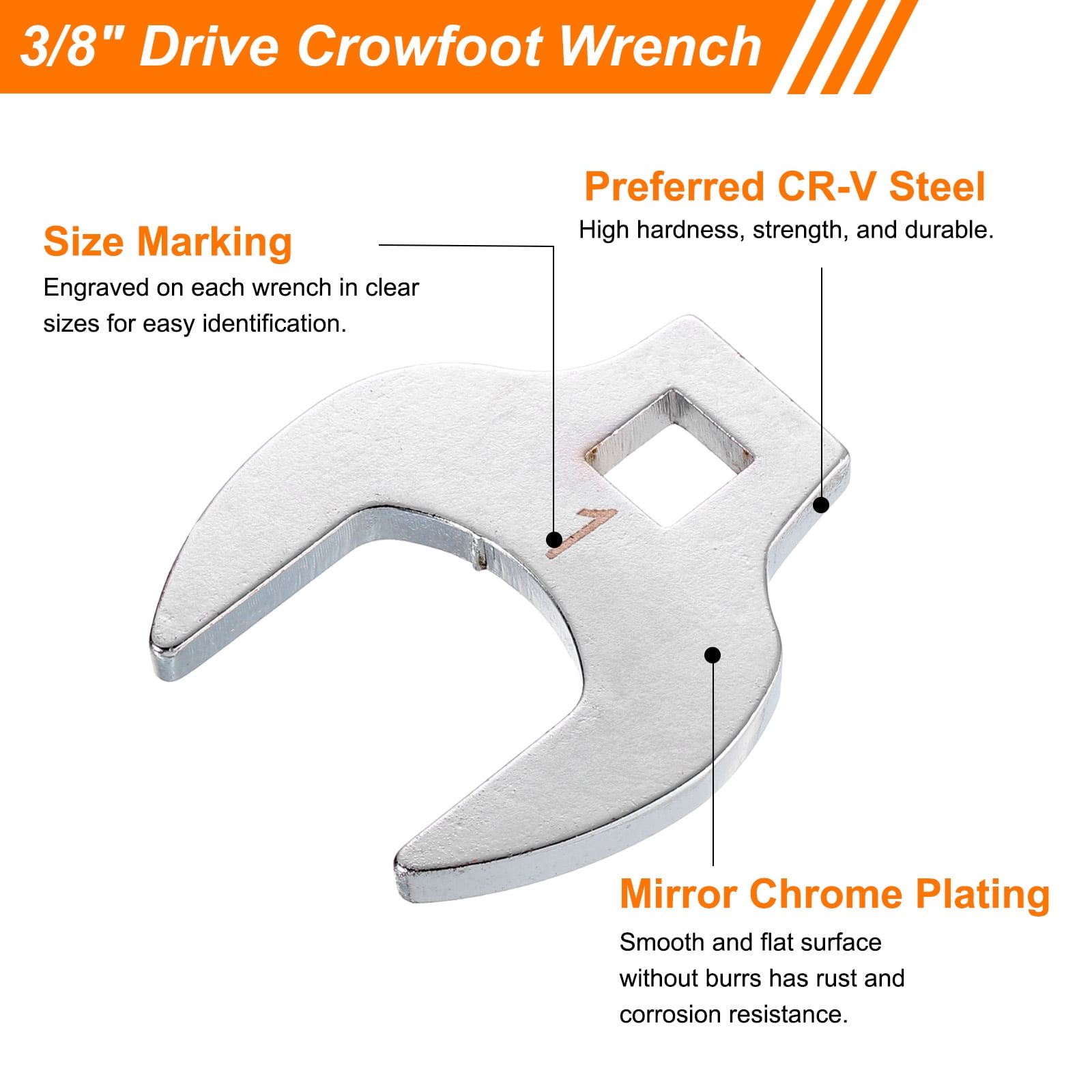 Uxcell 10 Pieces Drive Crowfoot Wrench Set 3/8" - 1" Drive Fractional Crowfoot Wrench with Clip-on Organizer