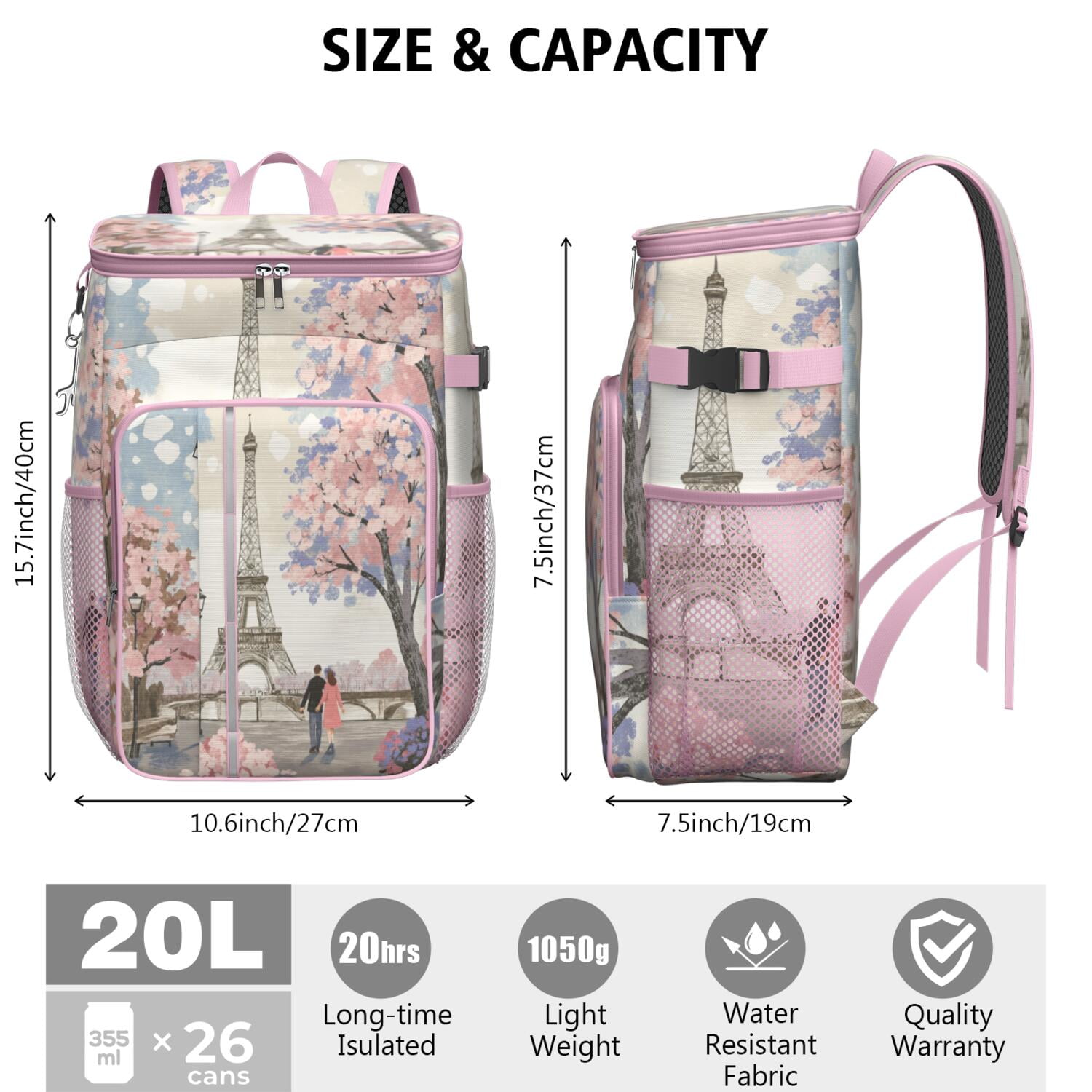 Cooler Backpack 26 Cans Paris Drink Beverage Beer Bag Cooler Leak Proof Travel Camping Lunch Backpack Outdoor Cutlery Backpack for Camping Hiking