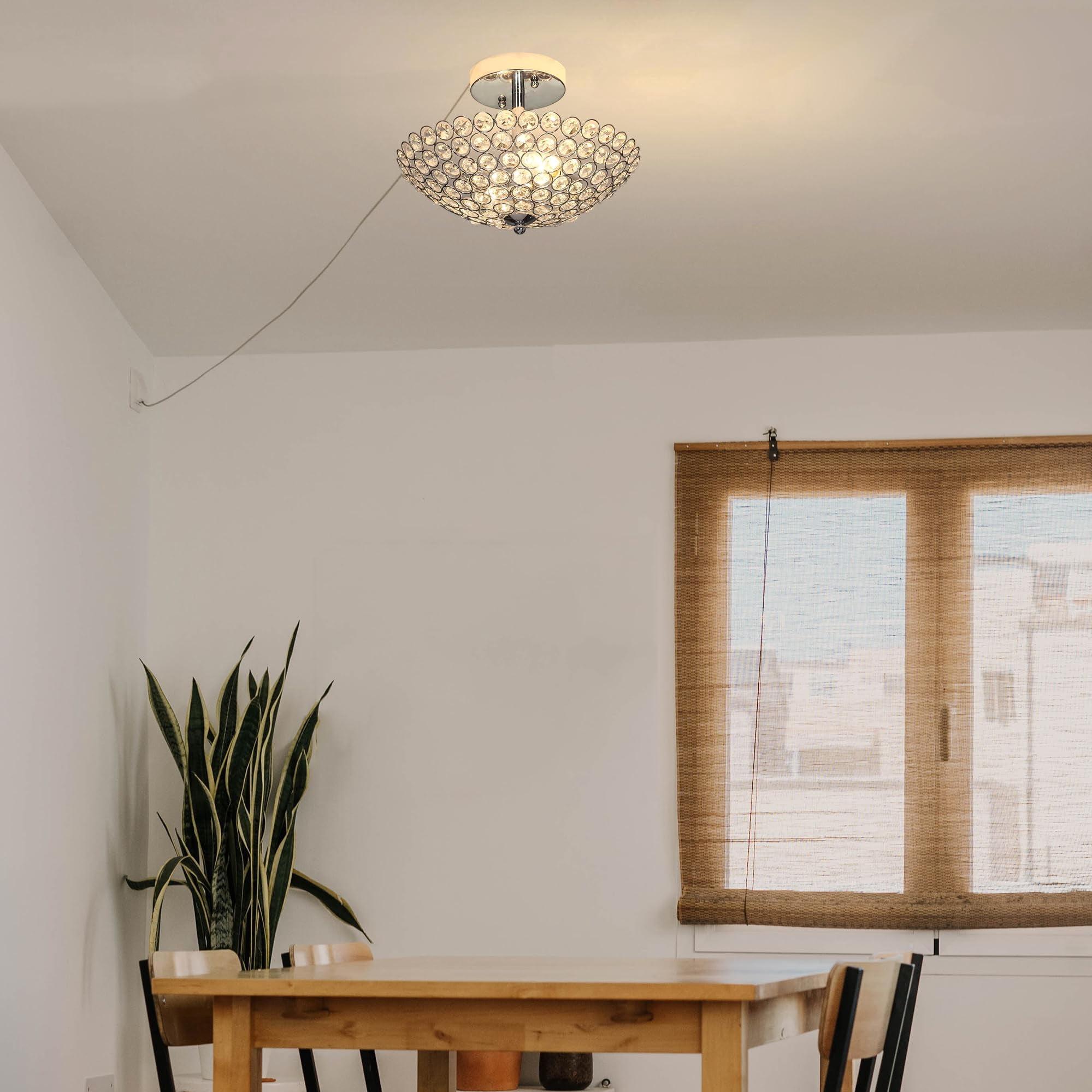 Kiven 11.8in Flush Mount Ceiling Light Fixture Dimmable, 3-Light Anti Glare Close to Ceiling Light with 15FT Plug-in Cord, Modern Crystal Chandelier for Bedroom Kitchen Island Hallway