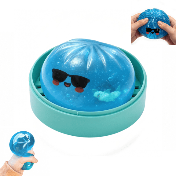 Shark Glitter Dumpling Squishy with Steamer - Cute Transparent Glitter Squeeze Ball with Inner Mini Shark, Soft Funny Sensory Stress Relief Fidget Accessory for Adult Daily Relaxation Crazy Gifts for