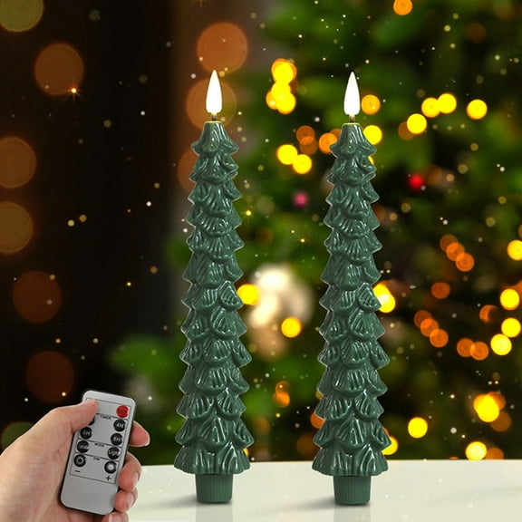 4 Pcs Christmas Tree Flameless Taper Candles Green LED Candlestick with 3D Flickering Flame for Xmas Home Decor