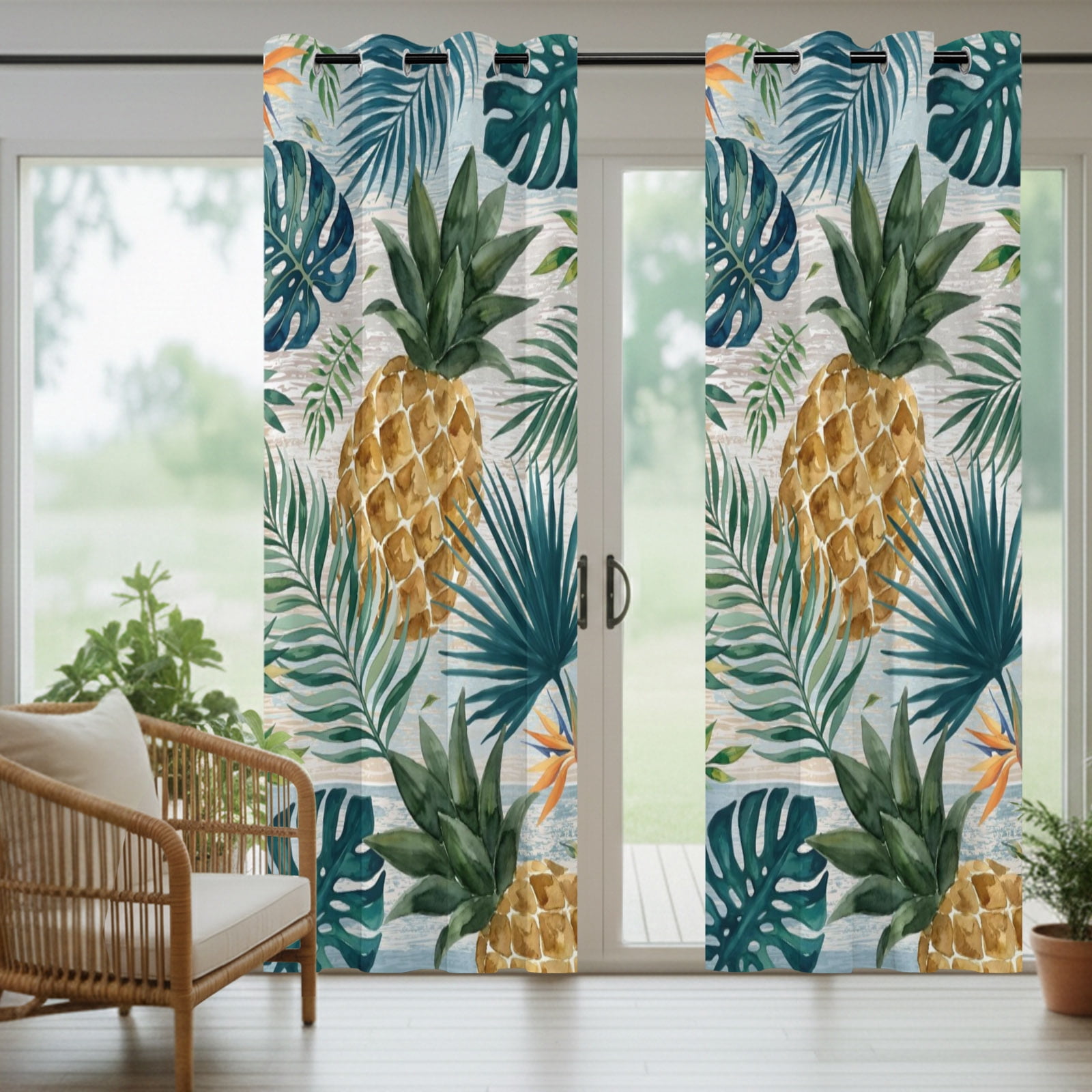 Yellow Pineapple Outdoor Curtains for Patio, Green Monstera Leaf Vintage Tropical Botanical Summer Sunshade Privacy Drapes Grommet Waterproof Outside Curtains for Porch Balcony 54"x108", 1 Panel