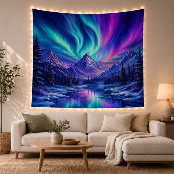 Aurora Borealis Over Snowy Mountains and Forest, Serene Digital Art for Nature Lovers, Northern Lights Wall Art Christmas Gift Tapestry Wall Hanging for Bedroom and Living Room