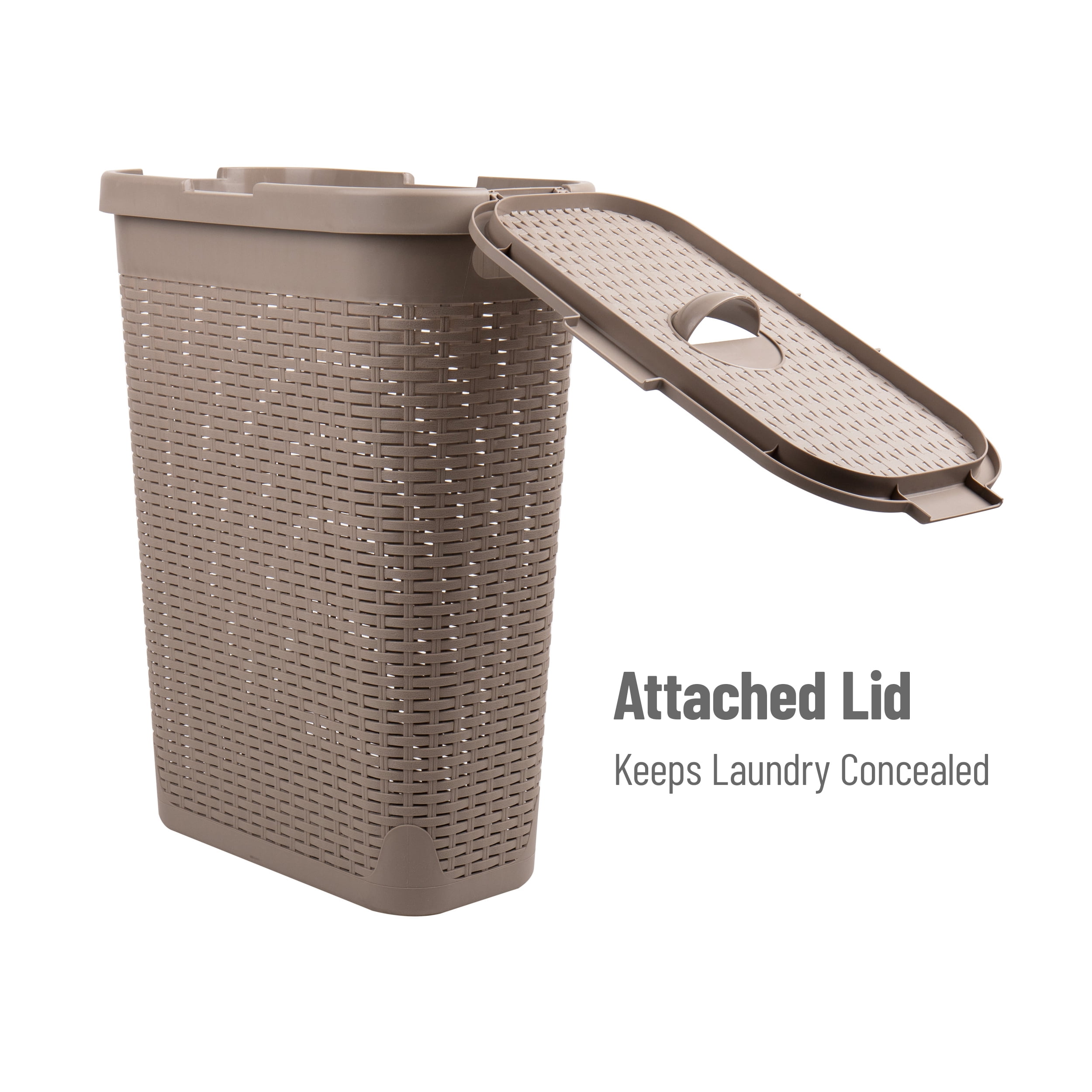 Mind Reader Slim Laundry Hamper with Lid,  40L Clothes Basket, Narrow Tapered Design with Ventilated Cutout Pattern, Plastic, Tan