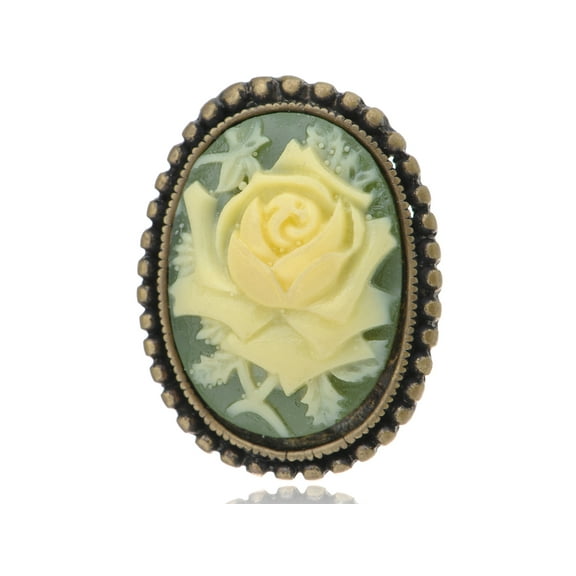 Antique Golden Tone Vintage Green Cameo White Floral Rose Brooch Pin