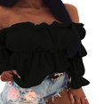 thumbnail image 2 of Women‘s Off Shoulder Ruffle Trim Puff Long Sleeve Tube Crop Blouse Shirt Top, 2 of 2