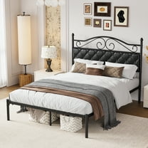 Yoneston Vintage Button Upholstered Headboard Full Size Metal Platform Bed Frame with Under-Bed Storage for Adults, Black