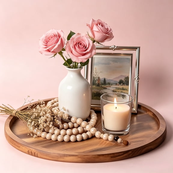 11.5 Inch Small Round Wooden Decorative Tray, Natural Wood Serving Tray with Non-Slip Pads, Decor Plate for Coffee Table Dining Table Kitchen Island Bathroom Countertop Home Ornament