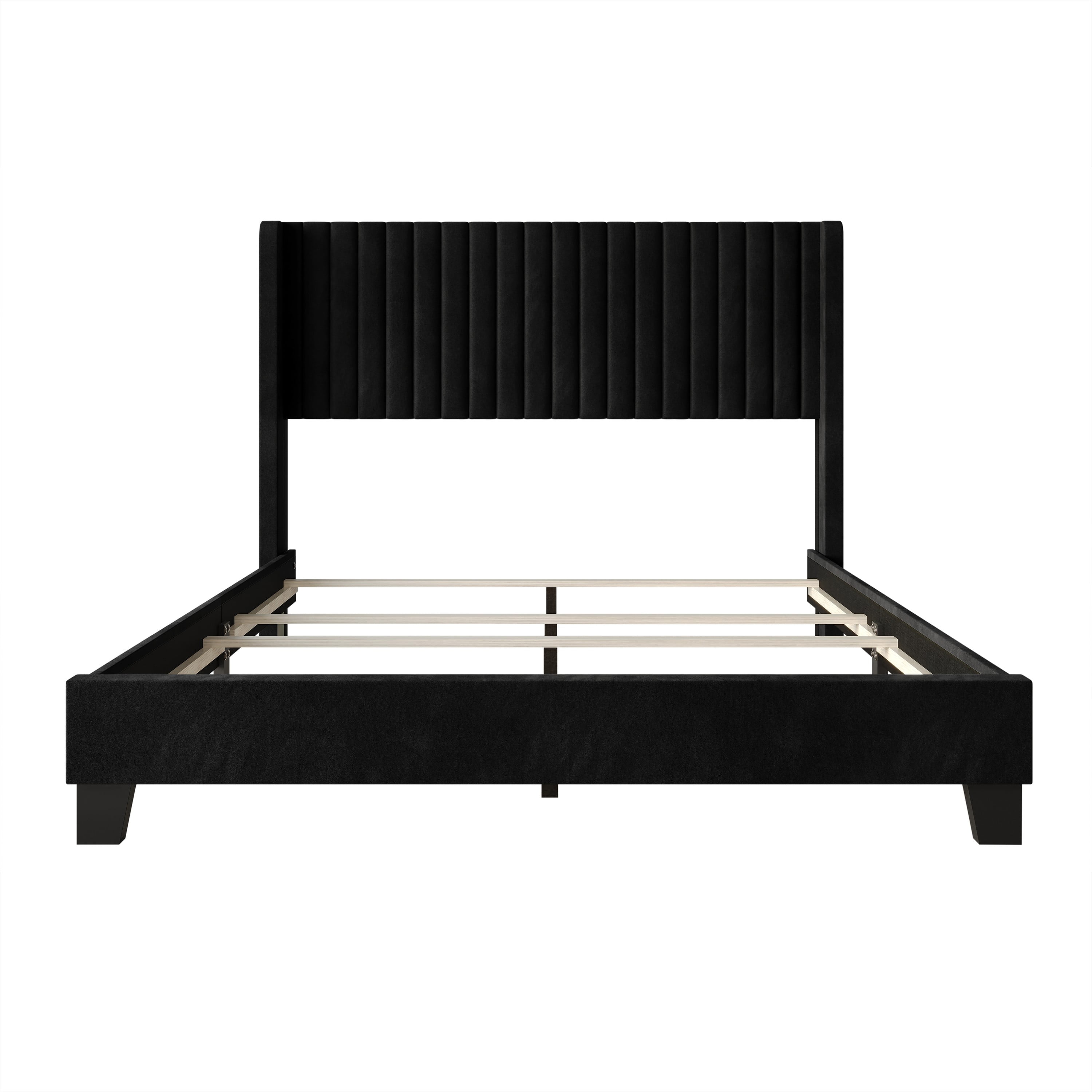 Home Design Ashland Twin Velvet Upholstered Panel Bed Frame with Wingback Headboard and Foam Padding, Black, Easy Assembly