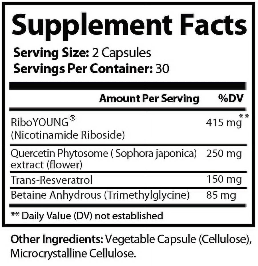 Research Labs NAD + Supplement. 2 for 1 Ad. Proprietary Formula w/ RiboYOUNG. Nicotinamide Riboside, Quercetin, Resveratrol, Betaine. True NAD supplement Anti Aging