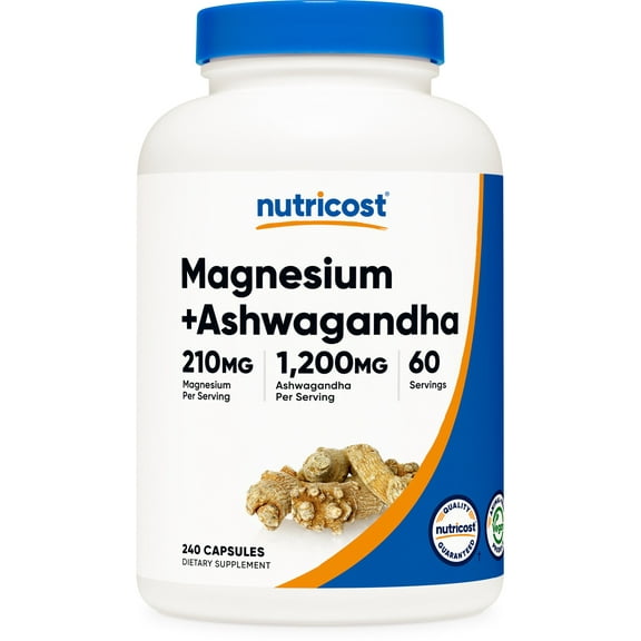 Nutricost Magnesium   Ashwagandha Supplement (1410mg) 240 Capsules - 210mg of Magnesium, 1,200mg of Ashwagandha, Vegan, 60 Servings
