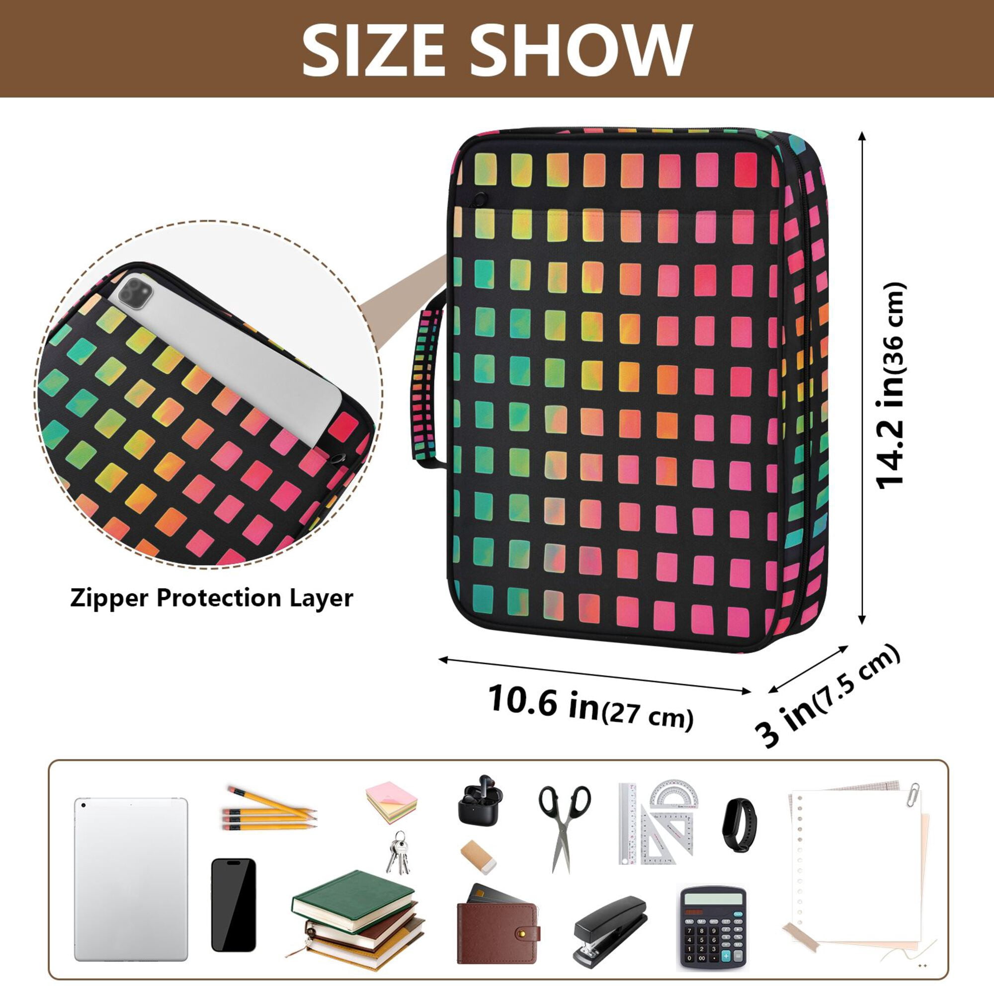 FORMRS Accordion File Folder A4 Size 7-Pocket Expanding Document Organizer Bag with 3 Ring Binder, Pink Block Pattern
