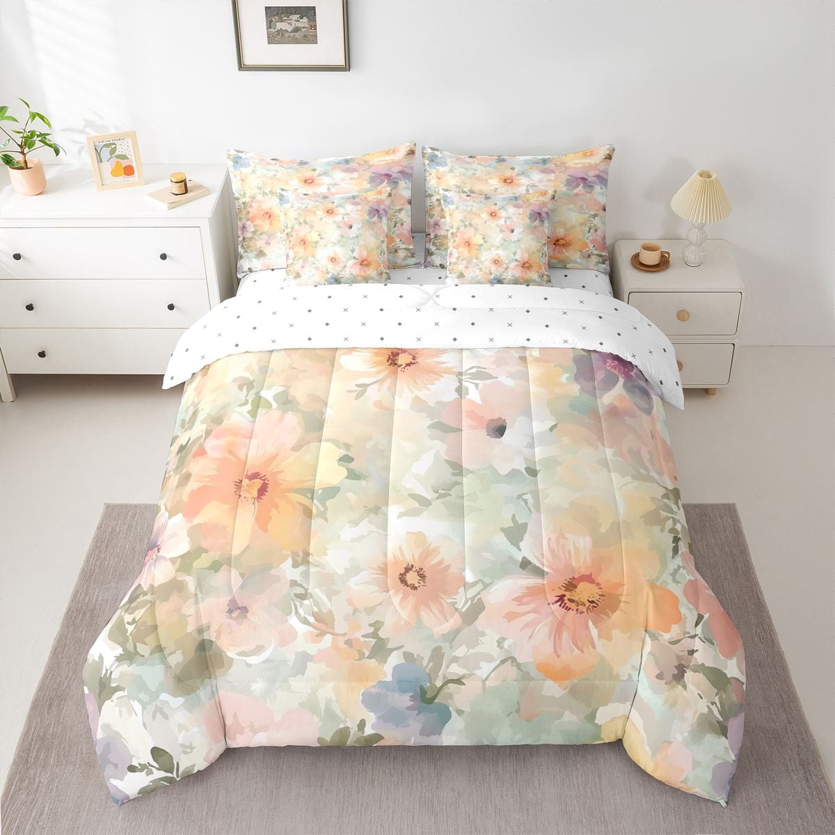 Homewish Spring Flower 7-Piece Twin Bedding Sets,Oil Painting Aesthetic Bedding Comforter Set,Beige Pink Sheet Sets For Girl Kids,Breathable Home Decor Reversible