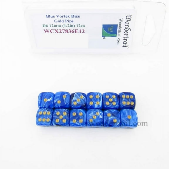 Blue Vortex Dice with Gold Pips 12mm (1/2in) D6 Pack of 12 Wondertrail