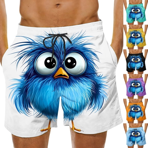 BRGZLK Mens Beach Shorts Summer Drawstring Waist Funny Cute Bird Emoji Print Summer Swim Trunks Novelty Beachwear Sports Vacation Shorts with Pockets