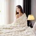 thumbnail image 2 of 1000GSM Faux Rabbit Fur Throw Blanket, Super Heavy Warm Cozy Blankets for Couch Bed Sofa, Bubble Plush Fuzzy Elegant Soft Reversible Mink Blanket for Living Room Bedroom, Cream White, 2 of 14