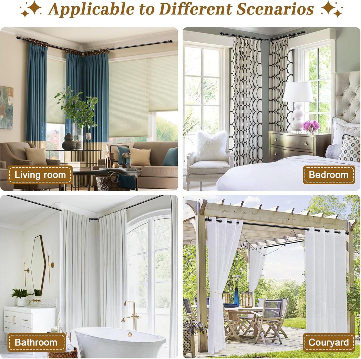 SOUMNS 1" Diameter Black Bay Window Curtain Rods，30" -136" Tecescoping Corner Curtain Rod (2 sides)for Living Room