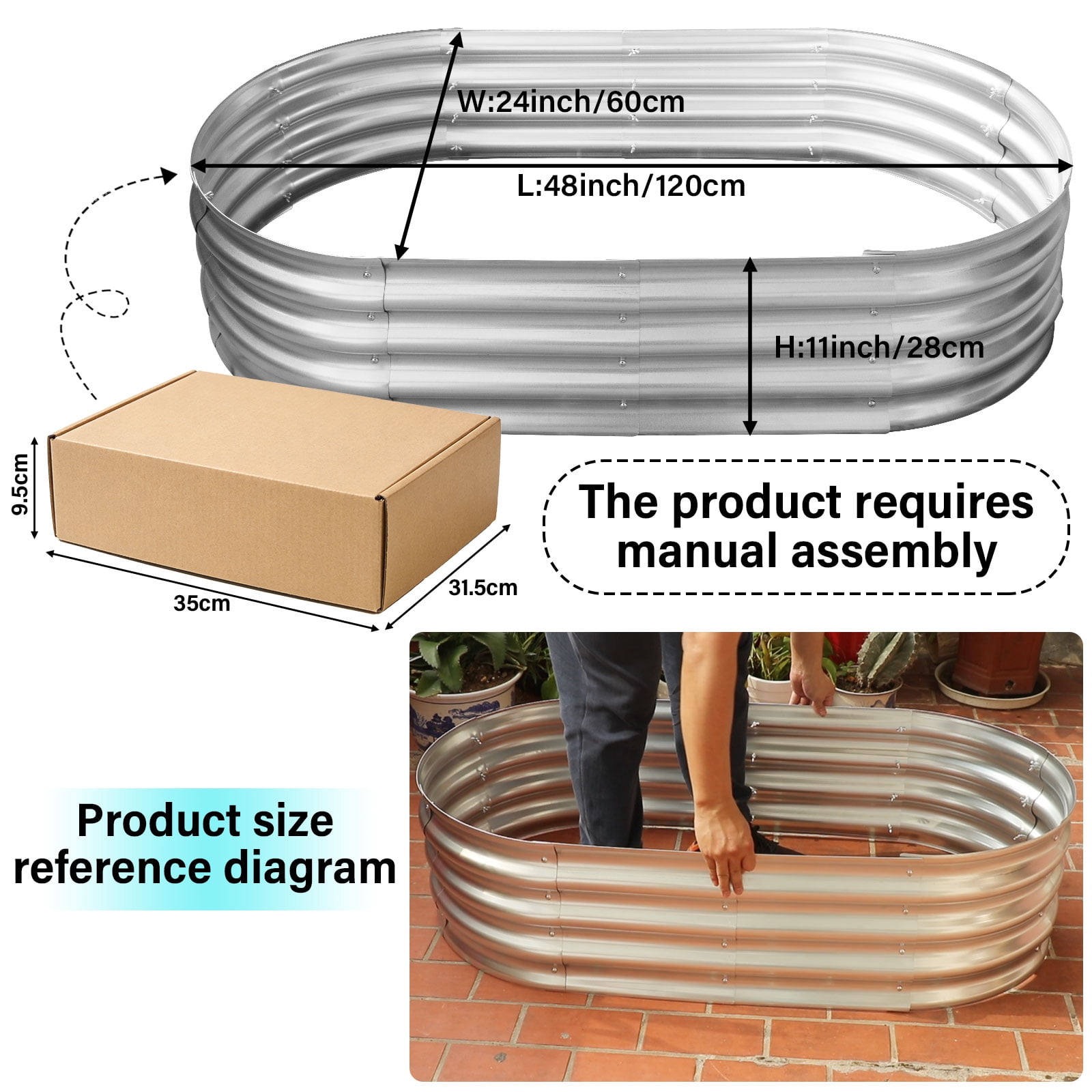 HGD Raised Garden Bed Kit Oval Galvanized Metal Outdoor Planter 4x2x1 ft