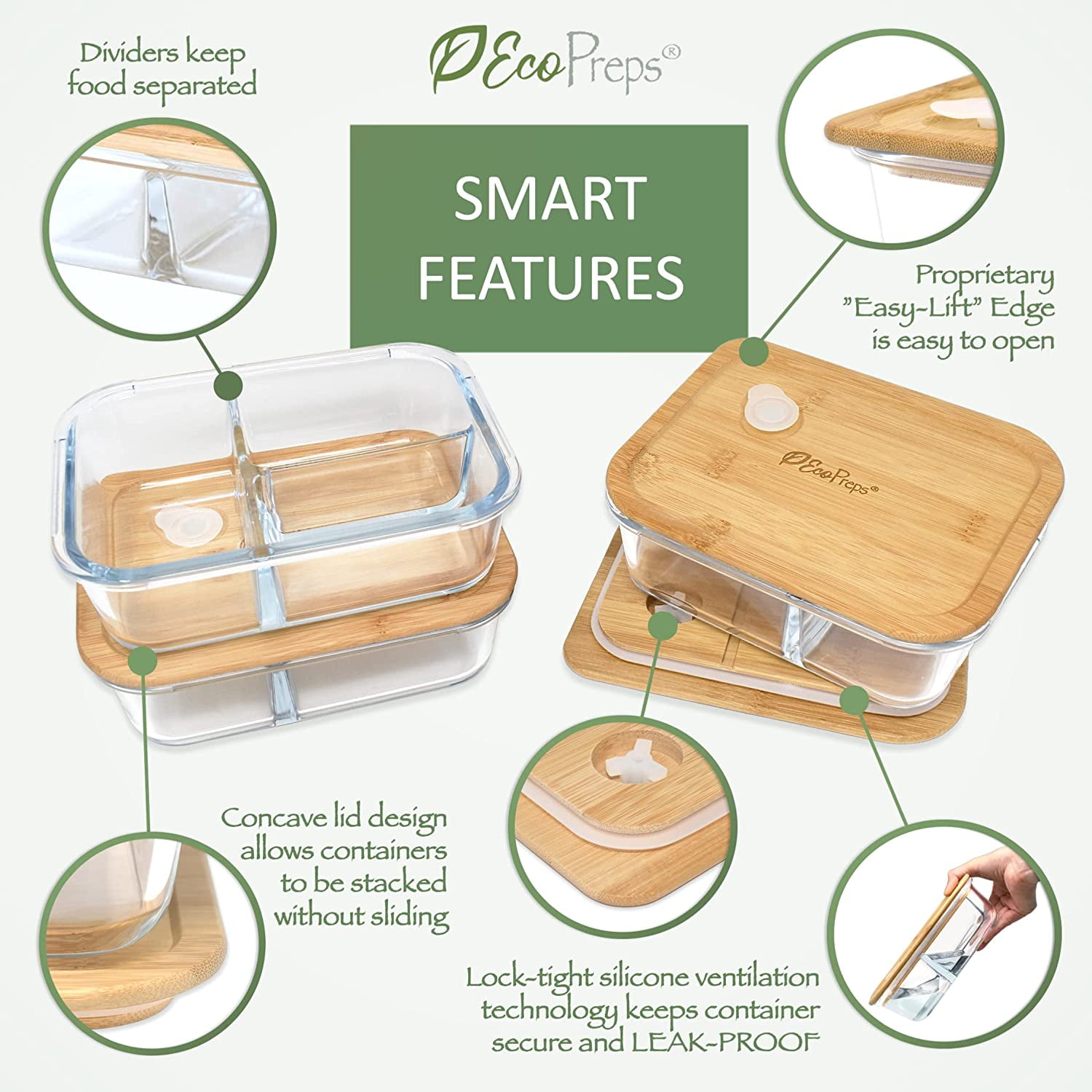 Glass Bento Box Containers with Bamboo Lids, 3 Compartment Set