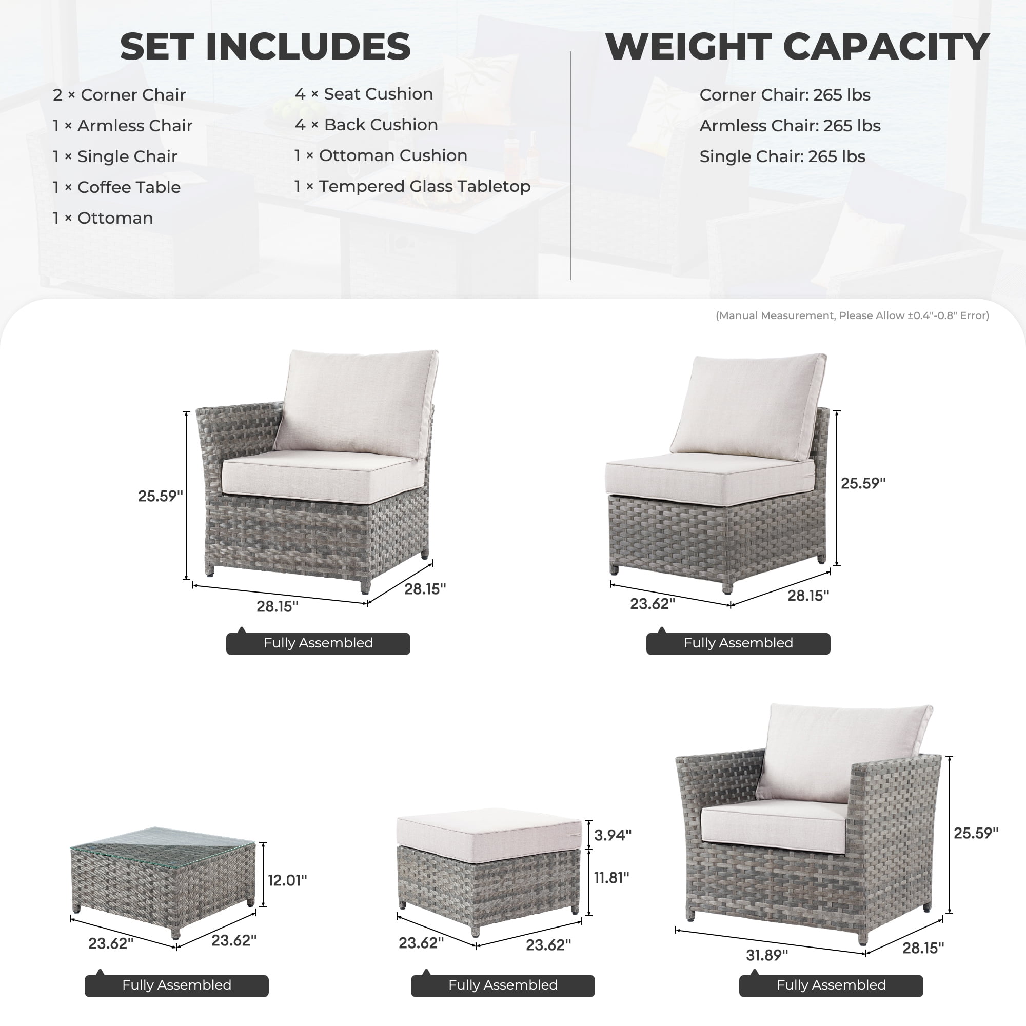 XIZZI 6-Pieces Outdoor Patio Furniture Sets Fully Assembled, Rattan All-weather Outdoor Sectional Conversation Sofa set with Coffee Table for Garden Backyard, Beige Stripe Cushion