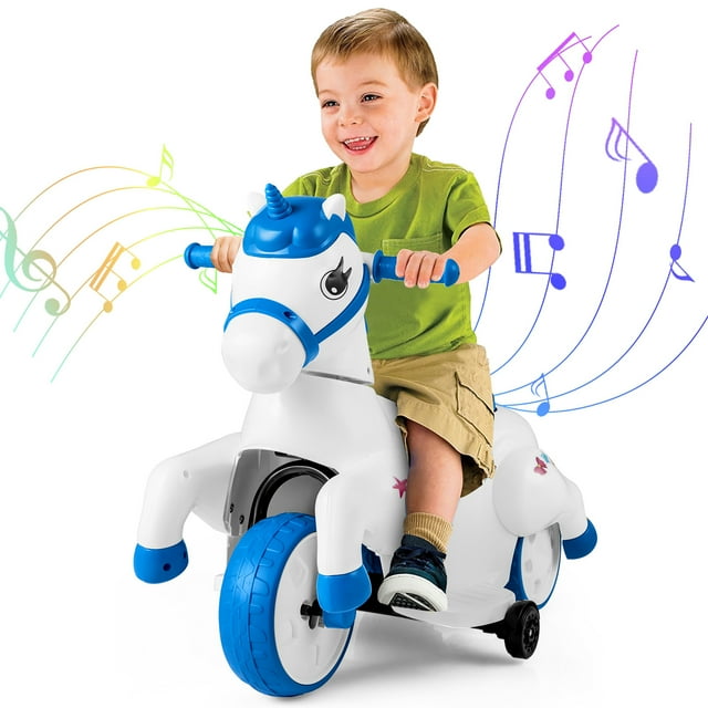 Gymax Jouet Cheval 12V pour Enfants Unicorn à Chevaucher avec Roues Stabilisatrices, Musique, Démarrage à un Bouton, Bleu