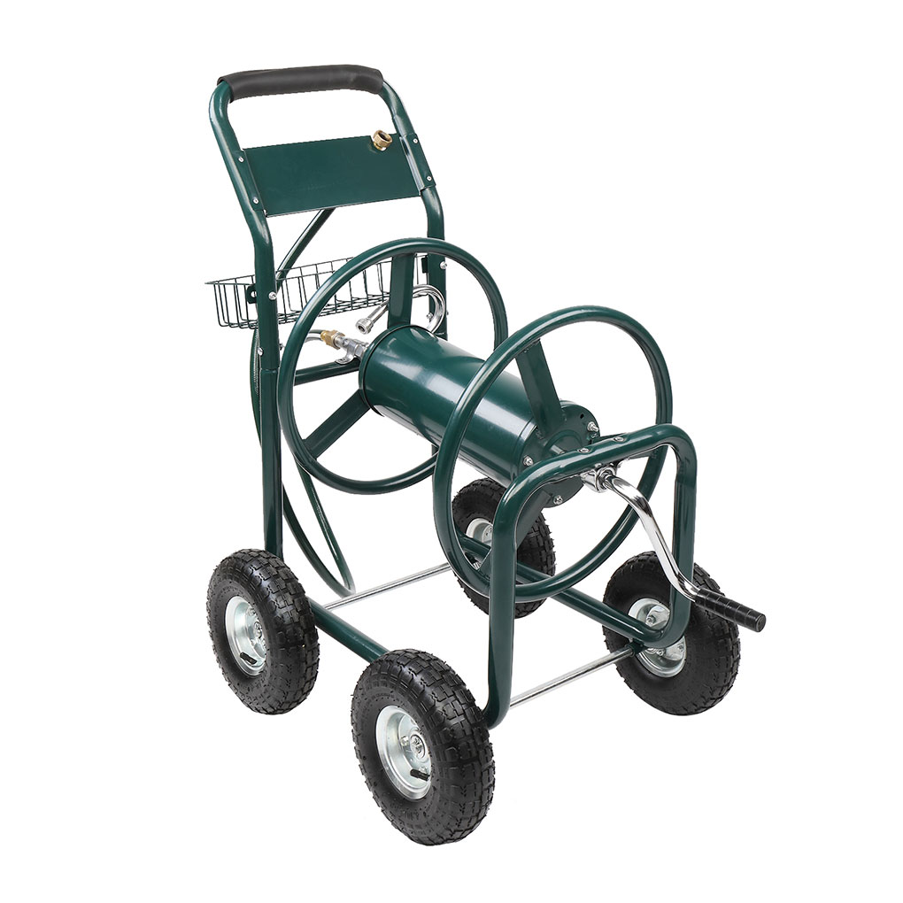 Elenxs Hose Reel Cart Steel Frame 4 Wheels Cart Manual Crank Pneumatic