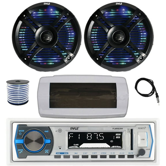 Pyle PLMRB29W Single DIN Bluetooth Marine MP3 AM/FM Stereo Receiver with White Cover, 22" Radio Antenna, Wire, 2x 6.5" 250 Watt Max 2-Way Waterproof Multicolor LED Audio Speakers (Black)