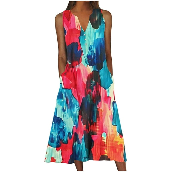 SEMPAI Summer Savings Summer Dresses Dresses for Women 2025 Casual Sleeveless V-Neck Print Long Sundresses For Women 2025 Active for Night Out Women Dresses Up to 60% Off