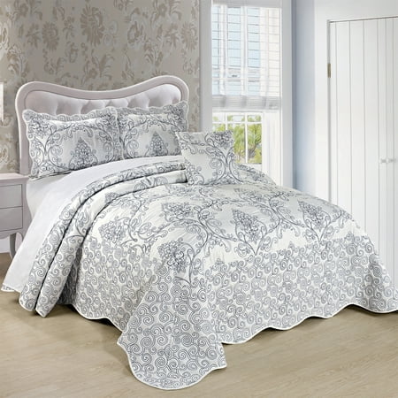 Home Soft Things 4 Piece Damask Embroidery Bedspread Set - White - Oversize Queen (110" x 120")