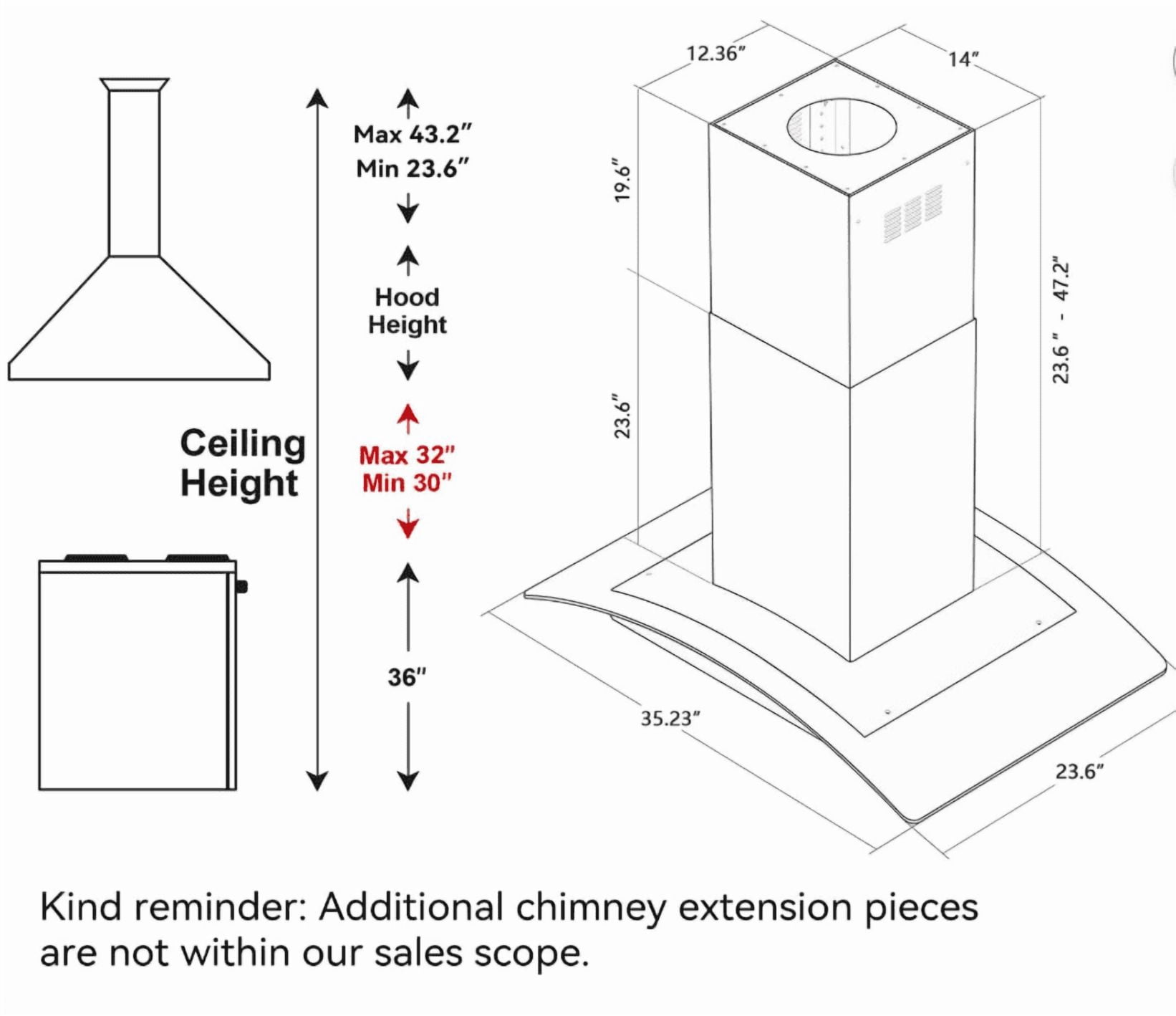 IKTCH 36 inch Island Mount Range Hood Stainless Steel & Curved Tempered Glass