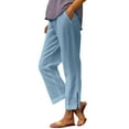 thumbnail image 2 of Roncen Women's Cotton-Linen Casual Pants - Straight Leg Elastic Waist Trousers with Pockets & Button Detail at Hem, 2 of 9