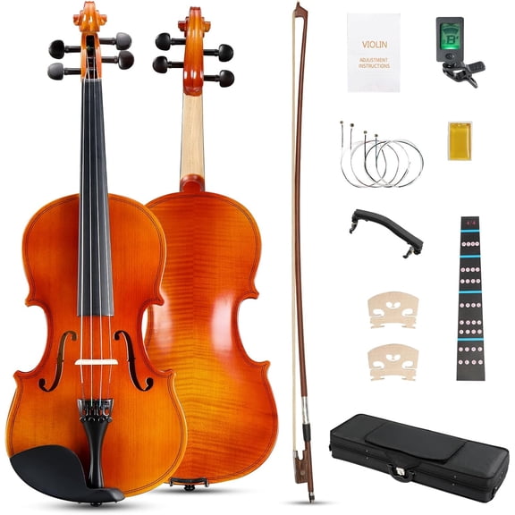 HarmonyStrings Violin 4/4 Full Size Set Fiddle, Acoustic Violins Complete Kit with Handcrafted Board, Starter Lightweight Hard Case for Beginners Glossy