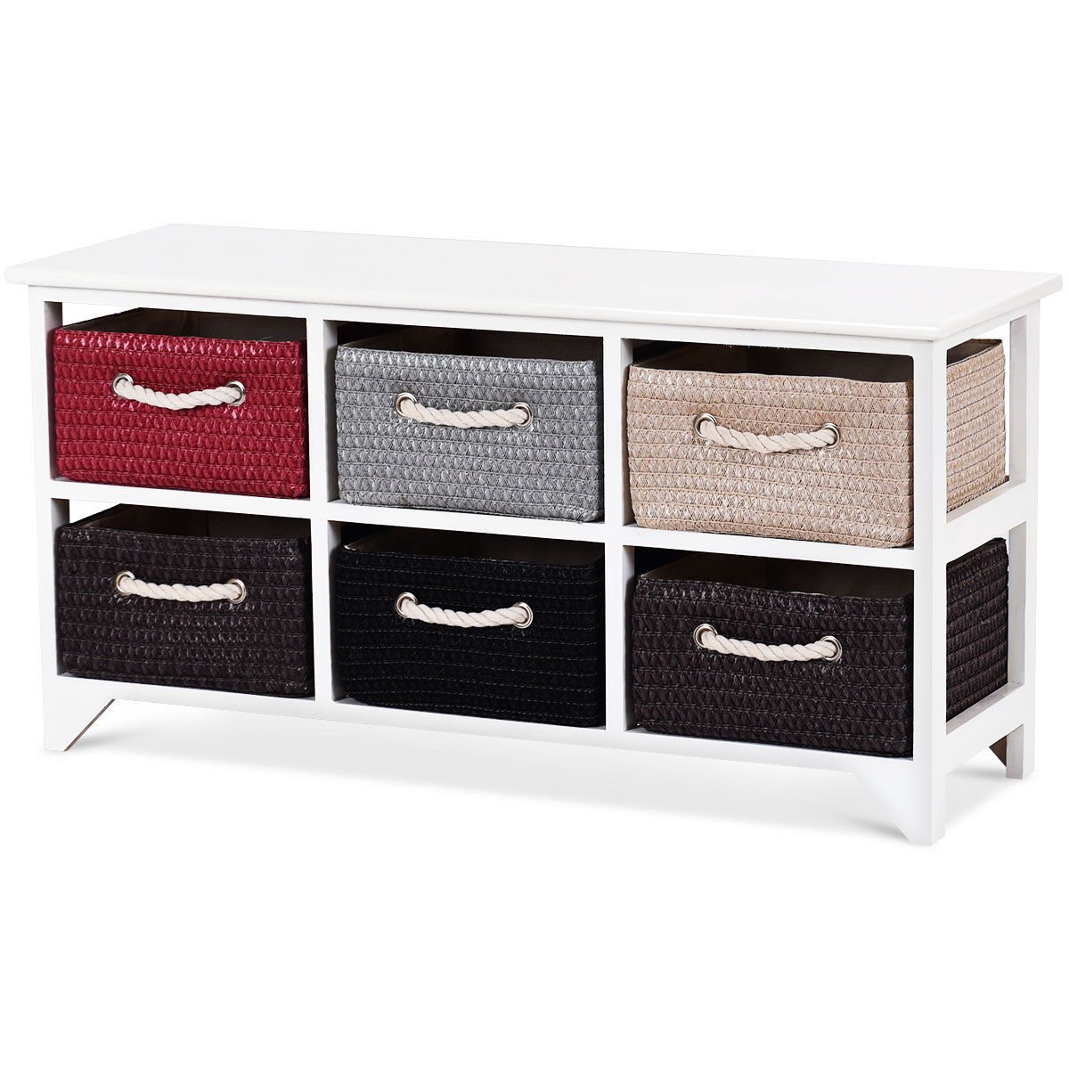 Wicker Basket Storage Unit Chest Wood Organizer Shelf 6 Drawer