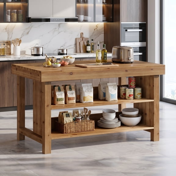 Fnova 55" 3-Tier Solid Wood Kitchen Island with Storage Shelf, Farmhouse Wooden Stationary Island Table with Large Worktop for Kitchen, Dining Room, Brown