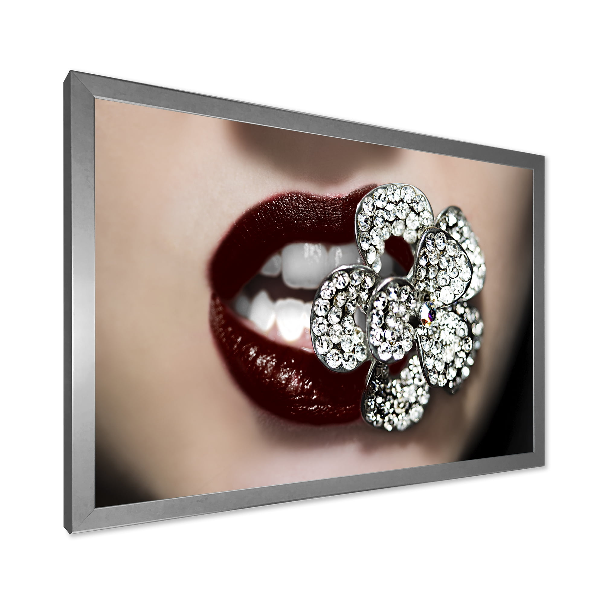 Designart 'Detail Of Sexy Red Girl Lips' Modern Framed Art Print
