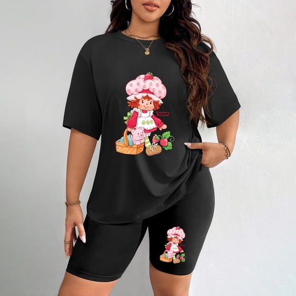 Women's Plus Size Strawberry Shortcake Character Print T-Shirt & Shorts Set